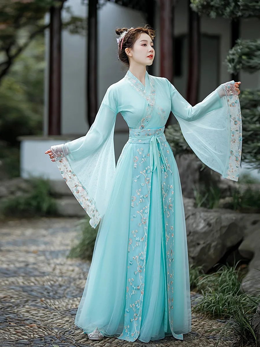 Hanfu Women's Lake Water Green Color Lace Hollow Flower Embroidery V-neck Fashion Chinese Style Dance Costume Suit Autumn Winter