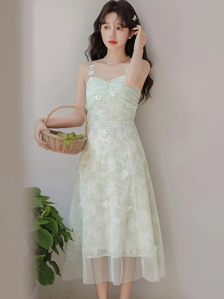 Women Green Floral Chiffon Chic Beading Luxury Sling Dress Summer Elegant Casual Holiday Dress 2025 Korean Fashion Bodycon Dress