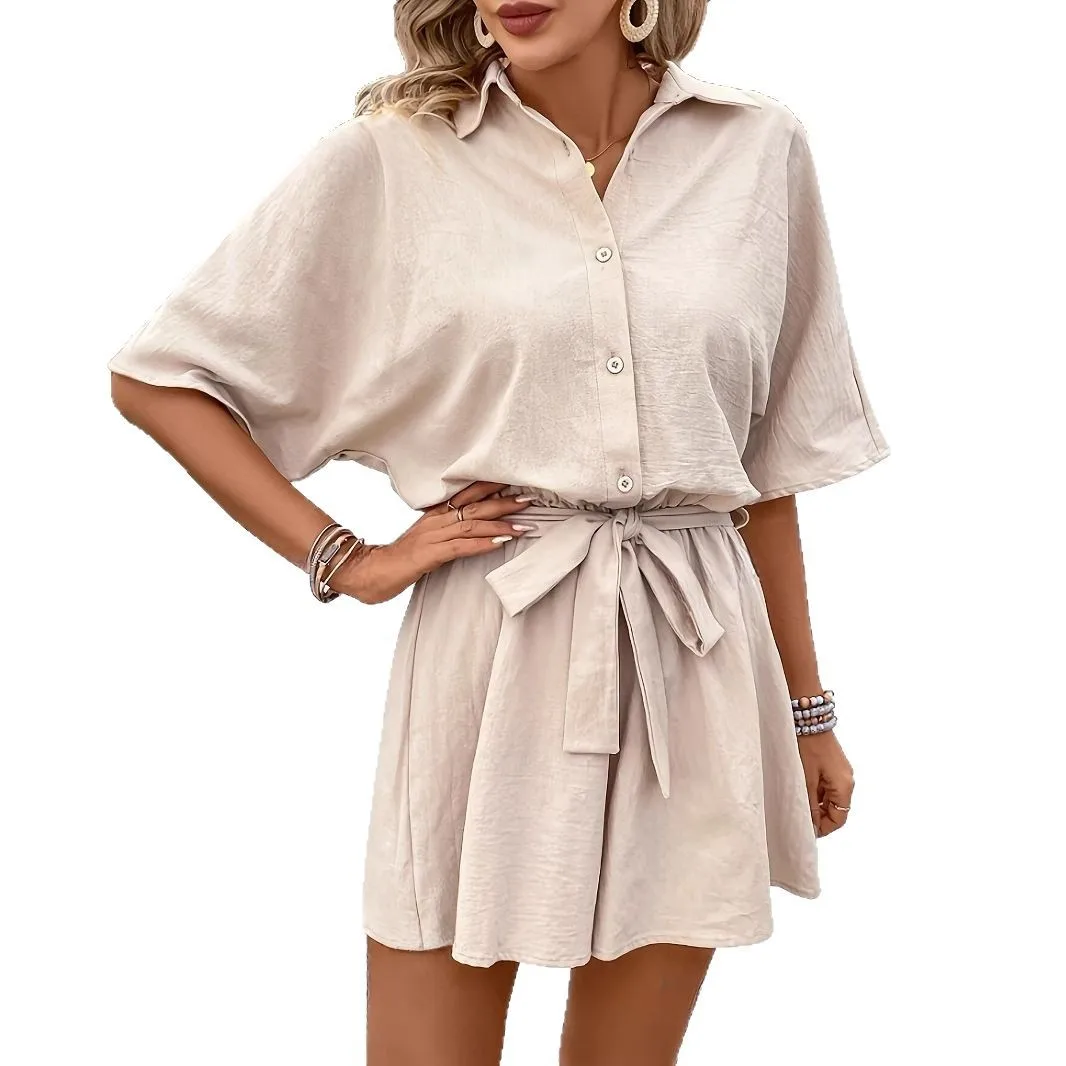 2025 European and American Summer Solid Color Casual Fashion Belt Short-sleeved Jumpsuit Women's Versatile