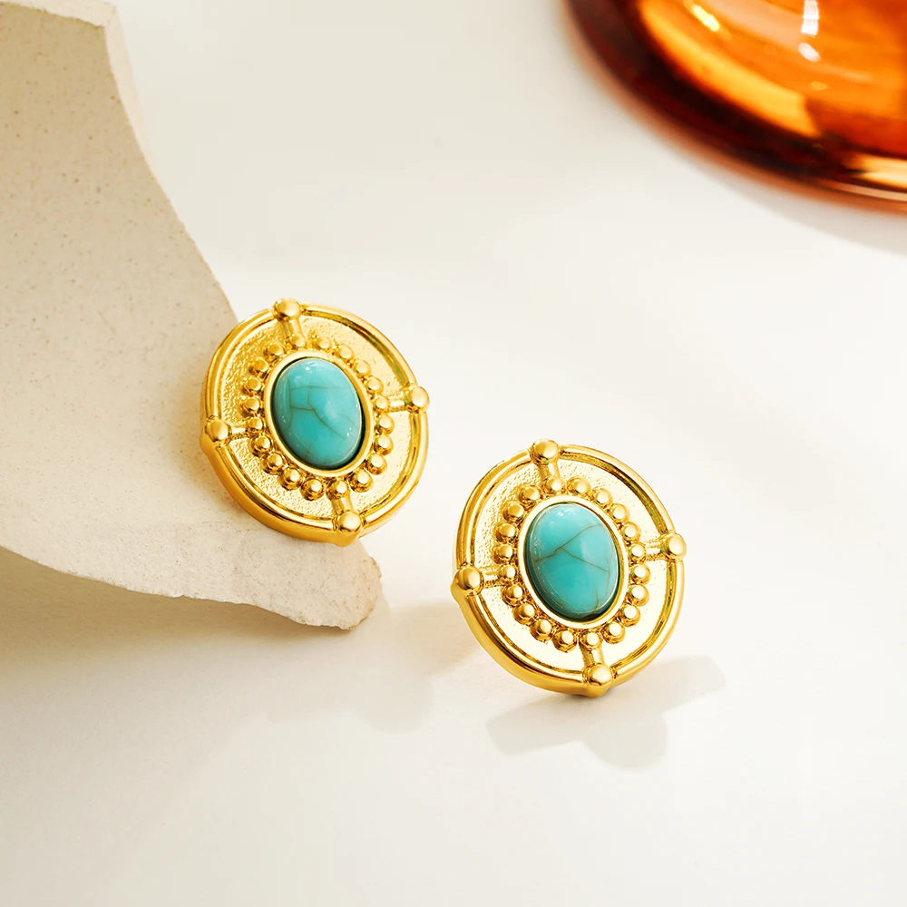 Vintage Oval Turquoise 18K Gold Plated Stud Earrings for Women Geometric Green Natural Stones Charms Court Style Ear Jewelry New