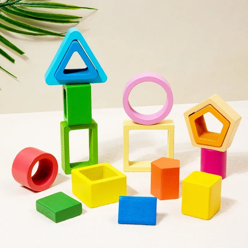 Shape Category Stack Toy Wooden Jigsaw Puzzle Geometric Shape Building Blocks Color Matching Puzzle Early Educational Toy