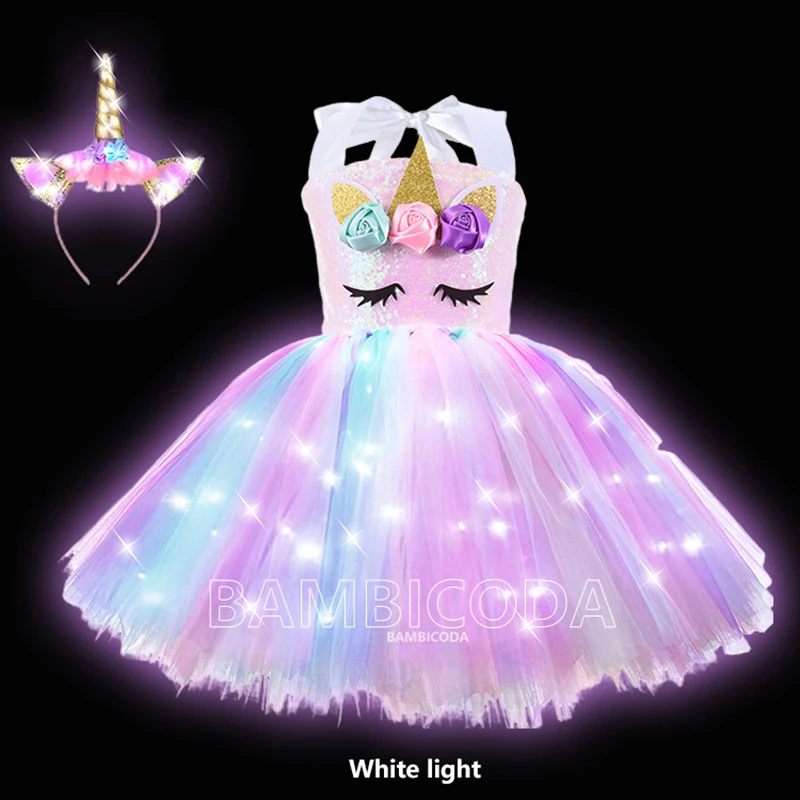 Bebê meninas unicórnio tutu vestido piscando luz arco-íris princesa festa de aniversário crianças halloween realizar traje vestidos infantis