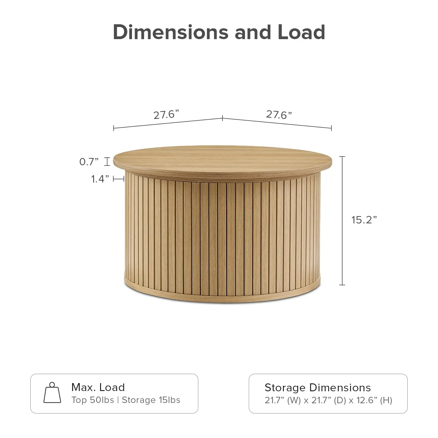 Mid Century Modern Round Drum Coffee Table with Storage, Fluted Wood Accent, Removable Lid, Living Room, Oak, Customized