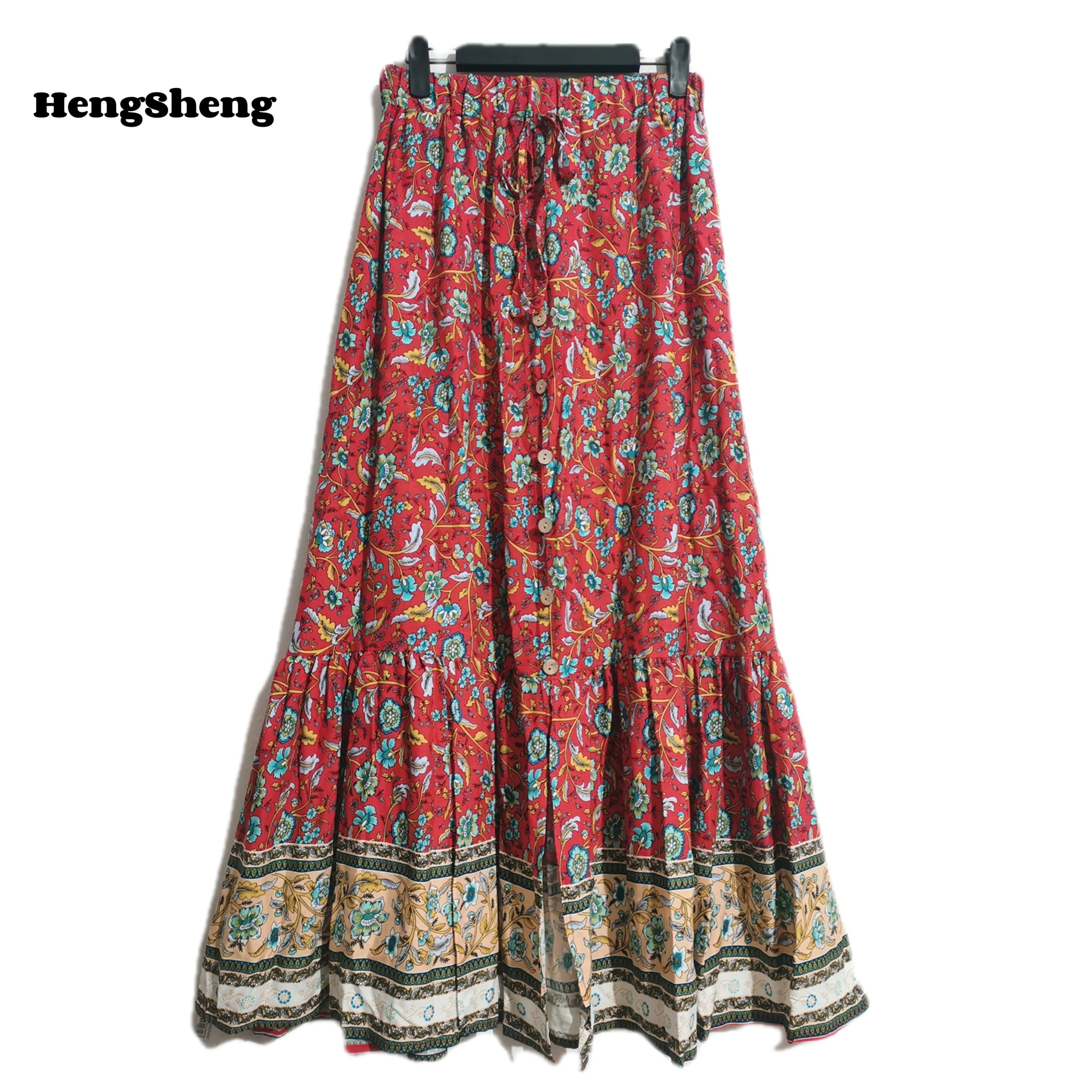 Floral Print Vintage Hippie Women's Clothing Summer Fall Beach Bohemian Skirt Elastic Waist Rayon Cotton A-Line Boho Maxi Skirt