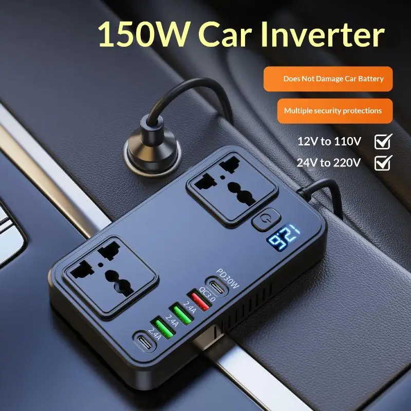 150W Cigar  Adapter Inverter Car Power Adapter Converter DC 12V 24V To 220V PD Type-C QC 3.0 USB Chargers AC Socket