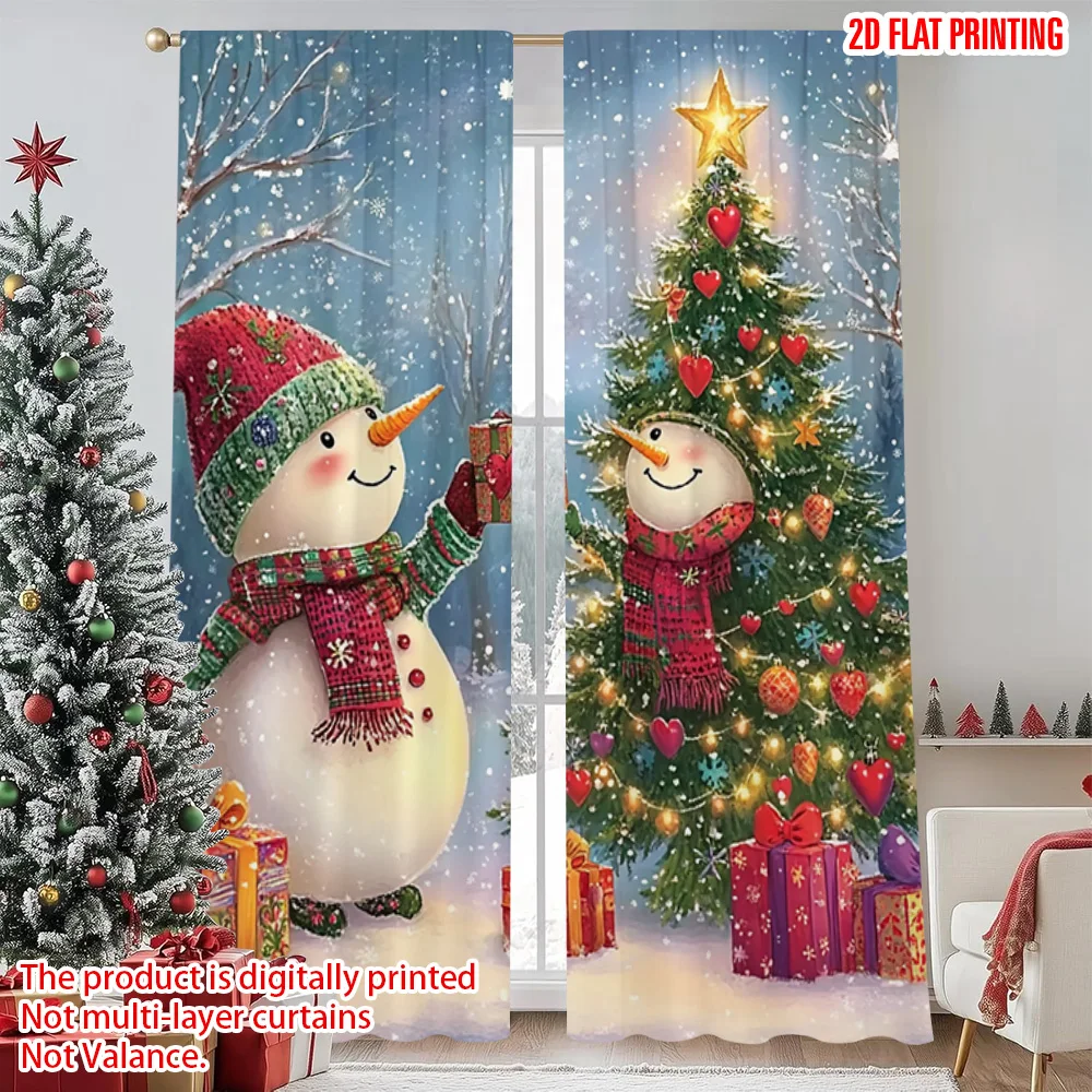 

2pcs 2D flat printing Merry Christmas Scene Curtains Christmas snowman 1 Machine Washable Polyester Without Electricity Holiday