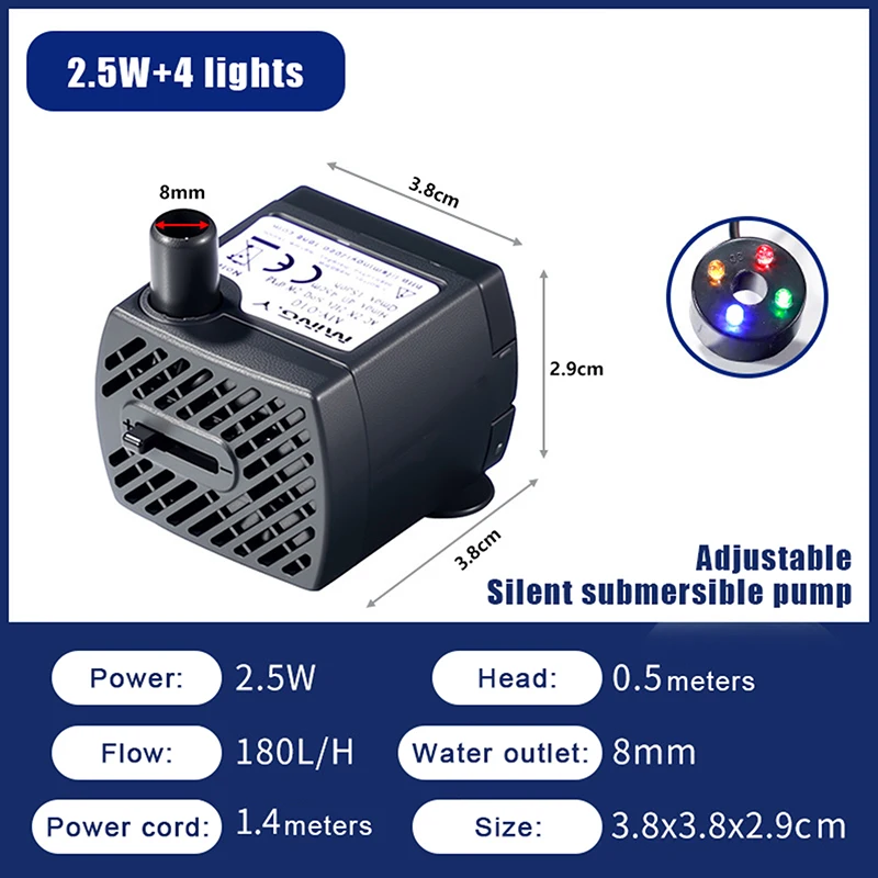 Mini Brushless Motor Submersible Water Pump with LED Light Ultra-Quiet Portable Aquarium Fountain for Fish Tank Decorations