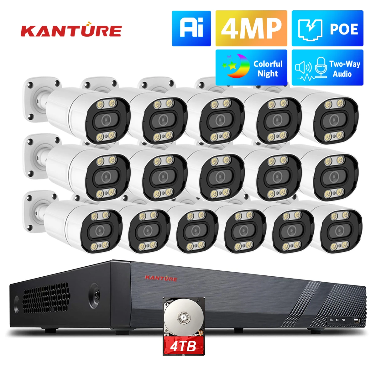 KANTURE 16CH 4K POE NVR 4MP Ai Human Detection Outdoor Two Way Audio Color Night Security Camera System Video Surveillance Set