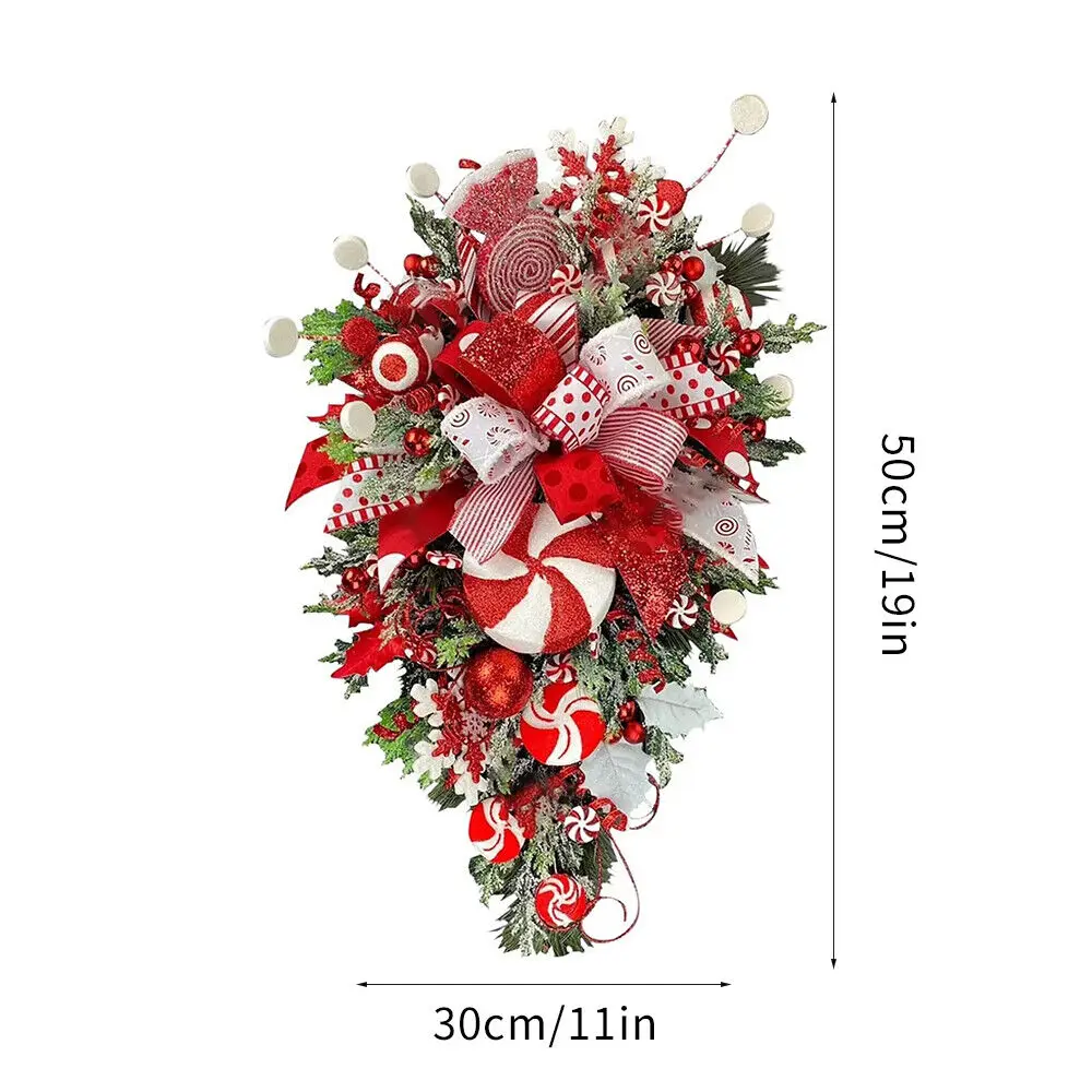 Christmas Wreath Garland Candy Cane Bow Ornament Xmas Front Door Hanging Wall Home Decor