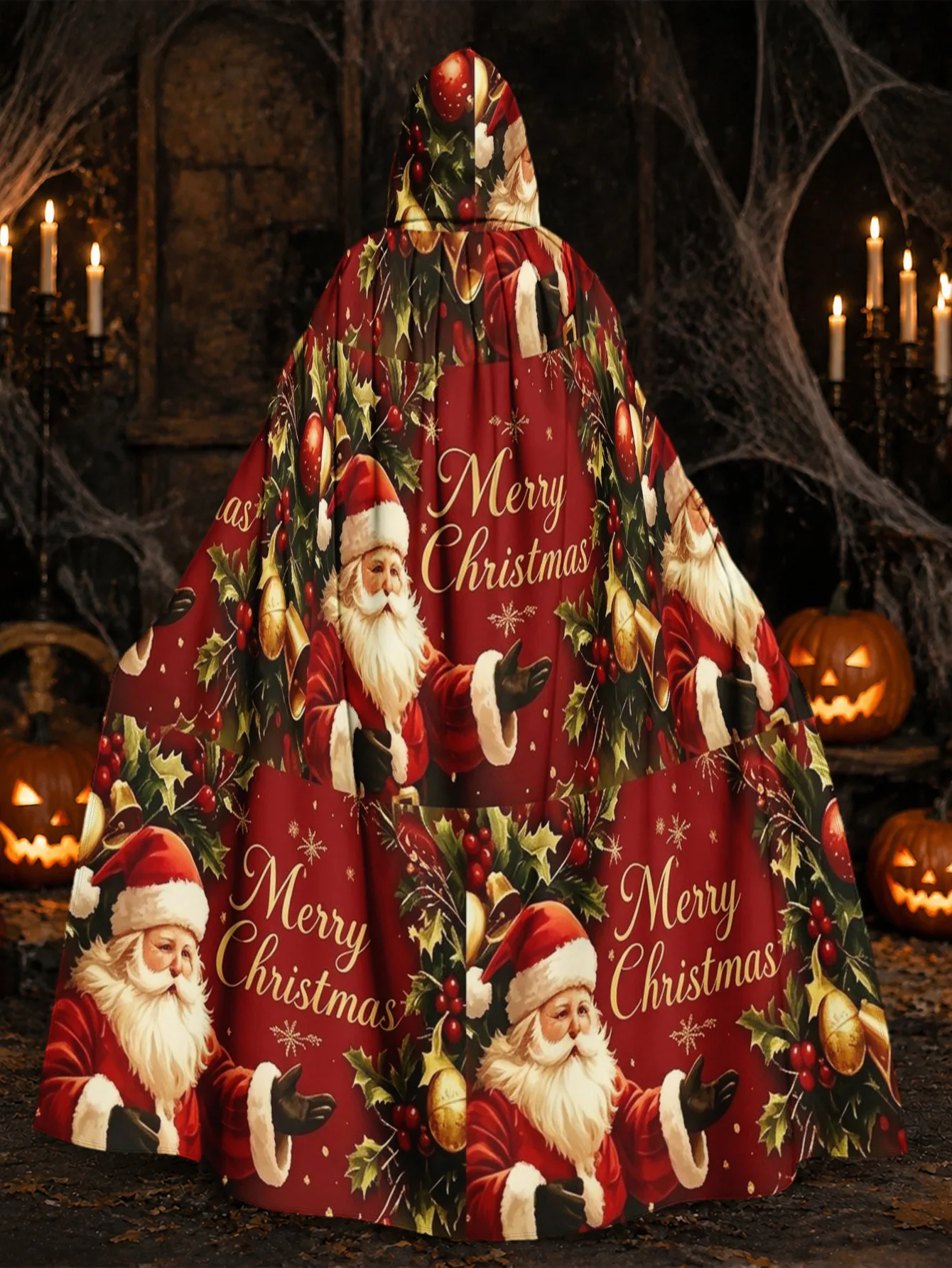 1pc, Unisex Polyester Hooded Robe with Merry Christmas Santa Elements, Full-Length Cloak for Halloween Haunted Nights and Christ