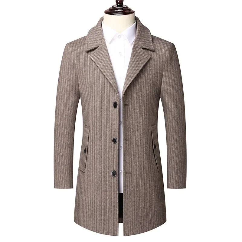 2023 High Quality Fashion Trend All-in-one Men's Winter Suit Collar Mid-length Tweed Coat Business Casual Striped Tweed Coat