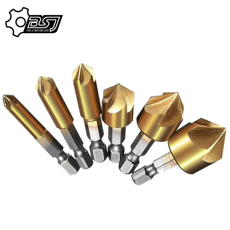 

6pcs 5 Flutes HSS Countersink Chamfer Drill Bit 1/4" Hex Shank Titanium Coated Woodworking Core Dril Bit Power Tool Accessories