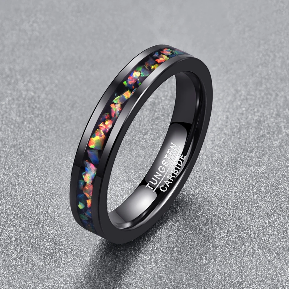 BONLAVIE  New 4MM Width Inlaid Opal Black Wedding Rings Tungsten Carbide Ring Men T091R Size 5-12