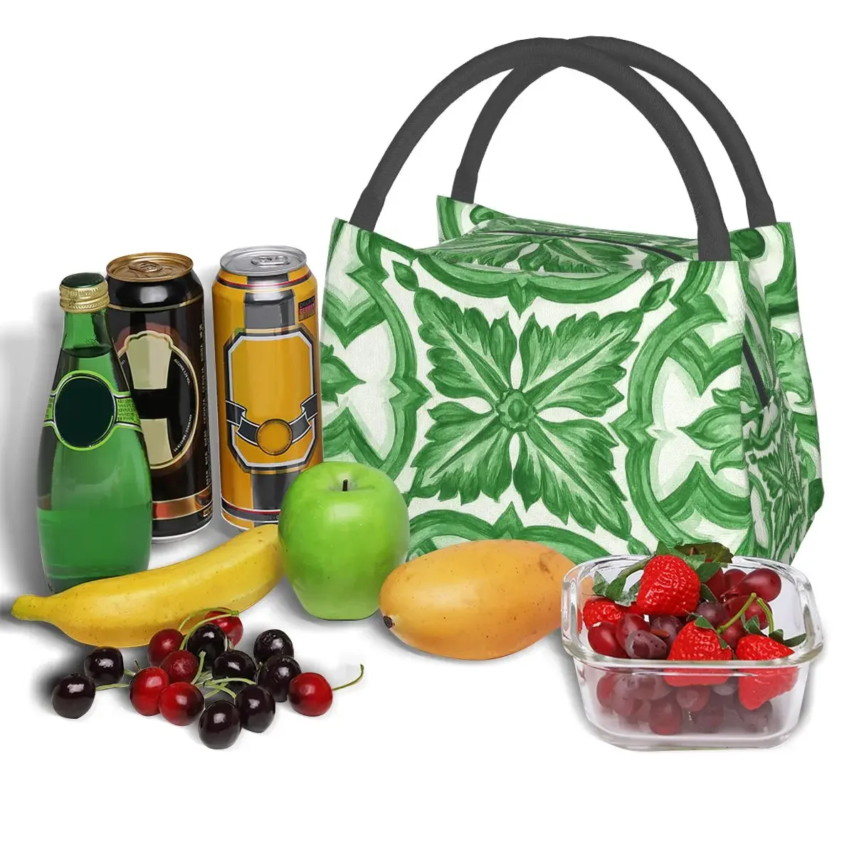 Green Ornate Floral Mediterranean Sicilian Tile Lunch Bag Storage Food Boxes Container Cooler Thermal Lunch Box Tote