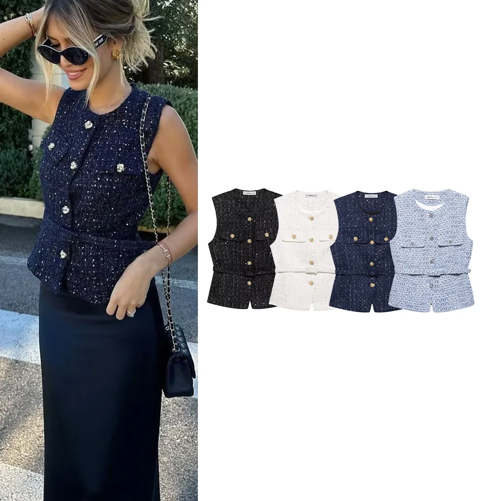 

EDSA Women Tweed Waistcoat with Belt Single Breasted O-Neck Sleeveless Vest Coat Flap Pockets Spring Autumn Outerwear