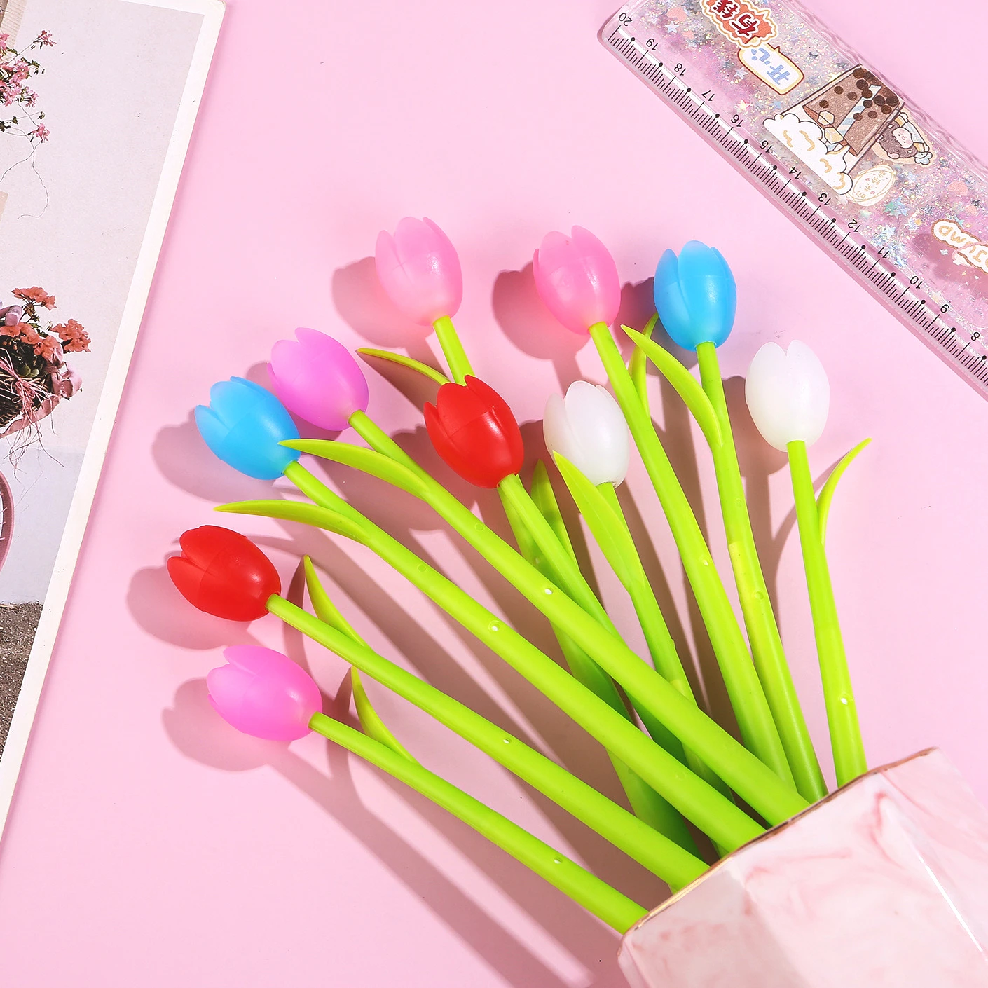 30Pcs/Lot Cute Simulated Tulip Flower Gel Pens 0.5mm Black Ink Student School Writing Office Signature Pen Creative Flower Pens