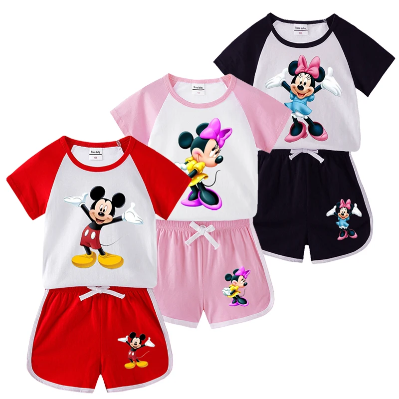 Ropa de dibujos animados para niños y niñas de 1 a 8 años, Camiseta de algodón de Mickey y pantalones cortos, traje para bebés, conjuntos de ropa de Minnie, ropa infantil