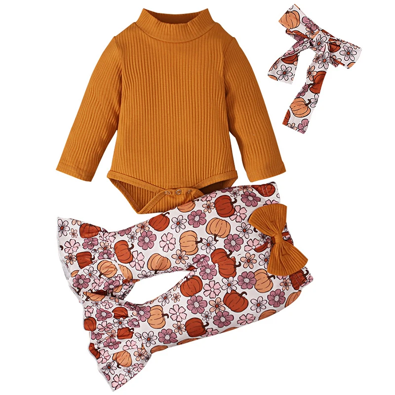 

3Piece Sets Autumn Newborn Girls Clothes Halloween Cute Long Sleeve Bodysuit+Pumpkin Flared Pants Baby Luxury Clothing BC1770