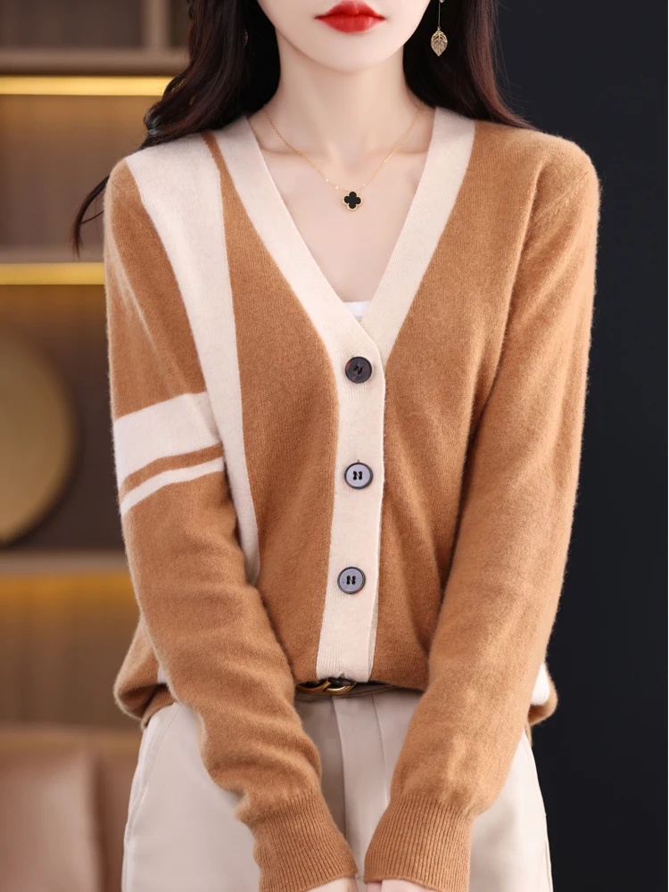 

ADDONEE Women V-neck Cardigan Autumn Winter Cashmere Sweater Multicolor Basic Clothing 100% Merino Wool Knitwear Korean Style