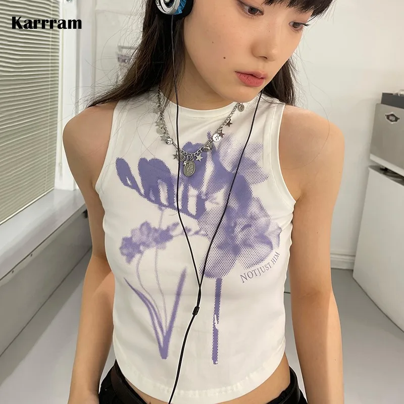 Karrram Y2k Aesthetics Tank Tops 00s Grunge Fairycore Print Crop Tops Korean Fashion Kawaii Tops Harajuku E-girls Cute Tanktop