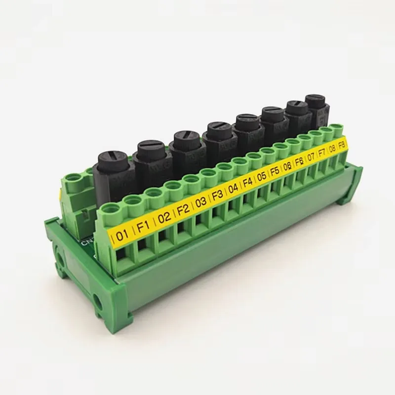 DIN Rail Mount 8 Channel  Fuses 16 Position Screw Terminal Block Distribution Module 10A 5x20mm Black fuse holder.