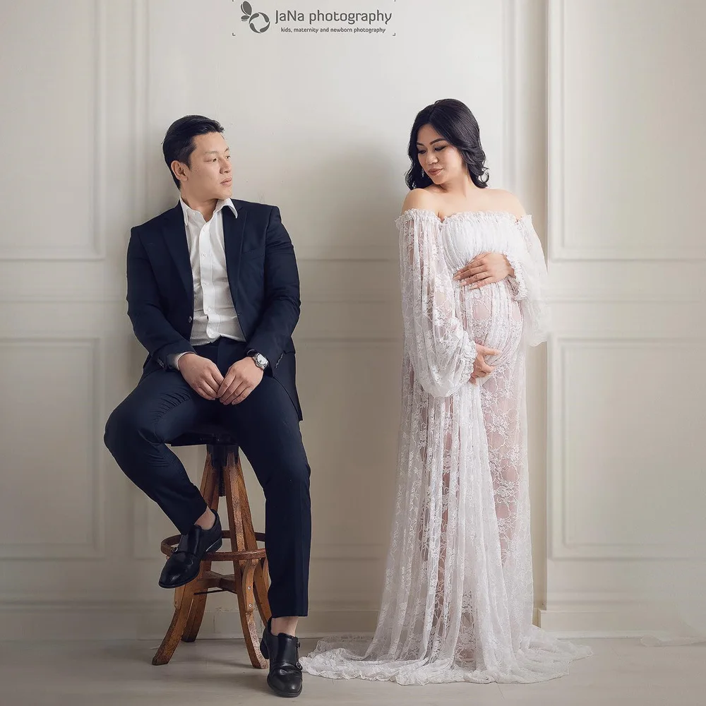 Maternity Photography Dress One Shoulder Long Sleeved Lace Dress Pregnant Women Photoshoot Gown Dresses For Baby Showers