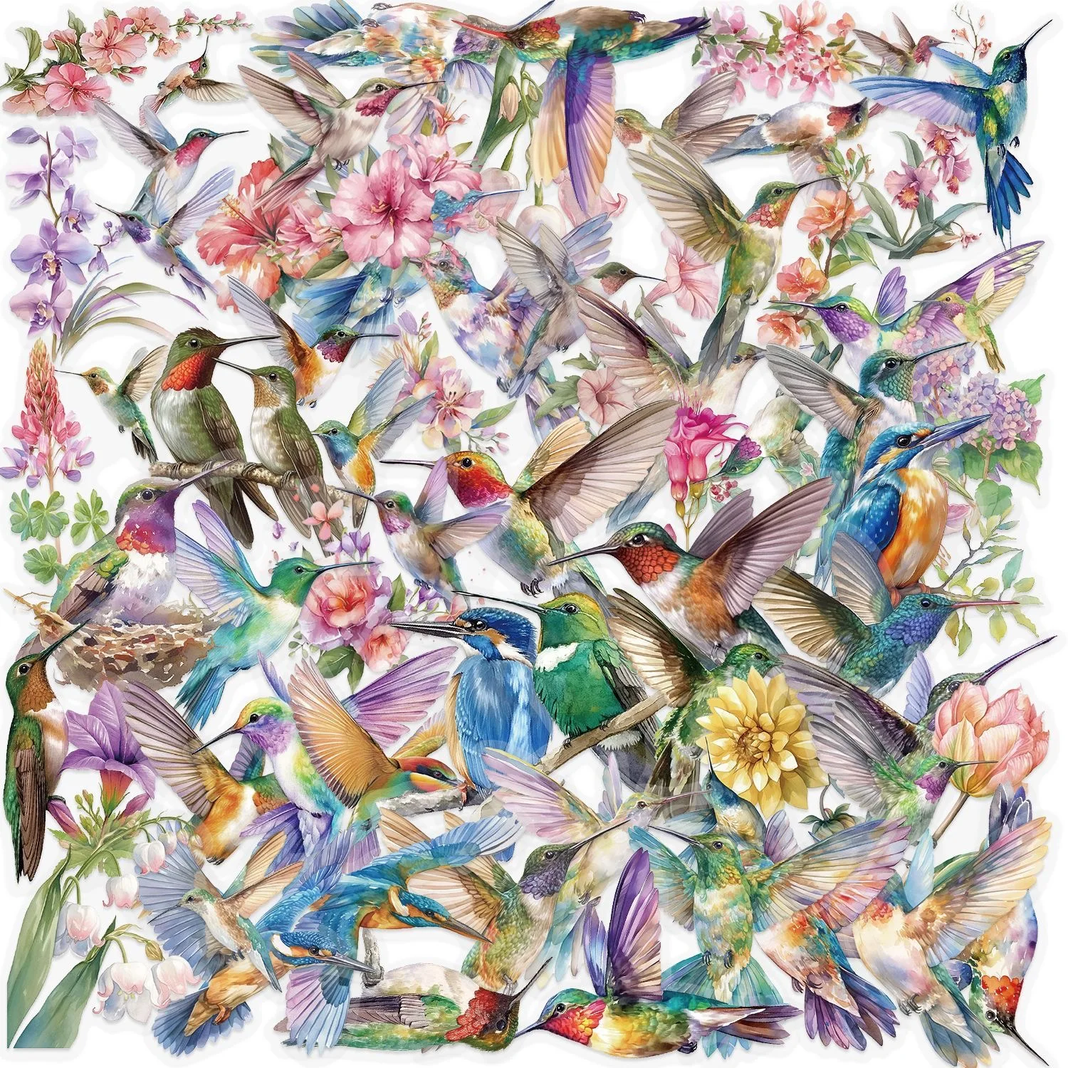 50Pcs Hummingbird Watercolor PET Stickers Waterproof Floral Bird Decals for DIY Crafts Laptops Water Bottles Scrapbooking