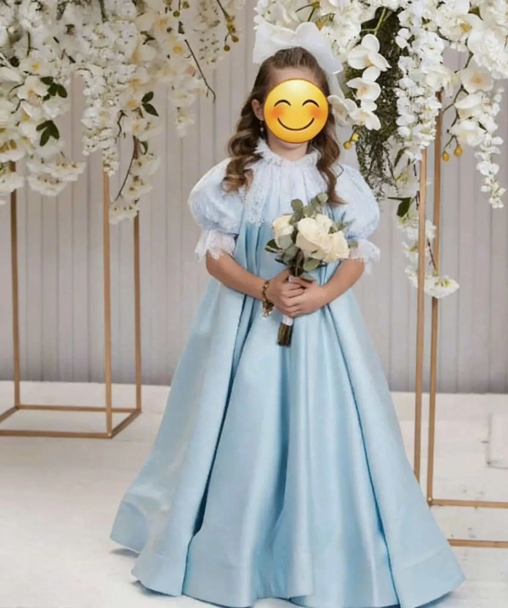 

Customized Satin Baptism Communion Gown Flower Girl Dress Puff Sleeve Lace Floor Length Princess Birthday Party Evening Gown