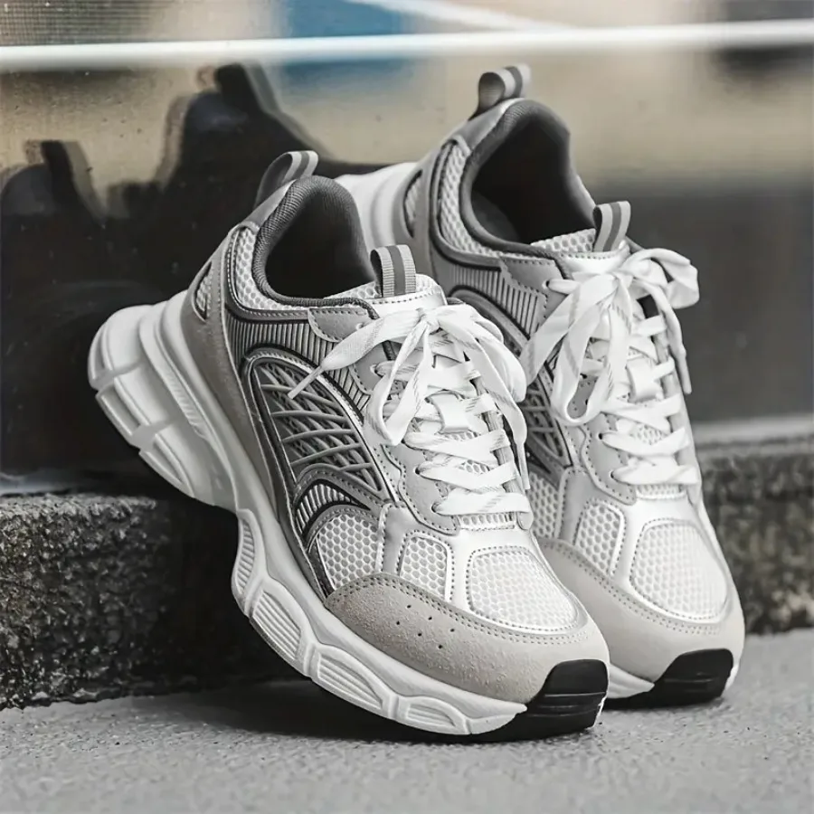 

55YH01 Men's Low-Top Casual Sneakers - Breathable Mesh and Thick Platform Sole Lightweight PU Upper with Lace-Up Closure All-Se