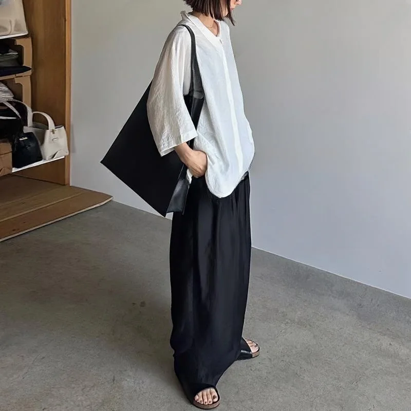 

2025 Summer New Style Lapel, Concealed Placket, 7-inch Sleeve Shirt, Loose Pants Two-piece Set