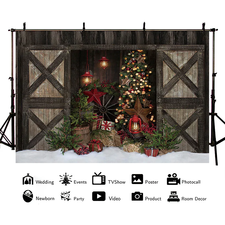 X-Mas ฉากหลังต้นคริสต์มาสโคมไฟระย้าของขวัญหิมะทารกแรกเกิดถ่ายภาพพื้นหลัง Photo Studio Props Photocall