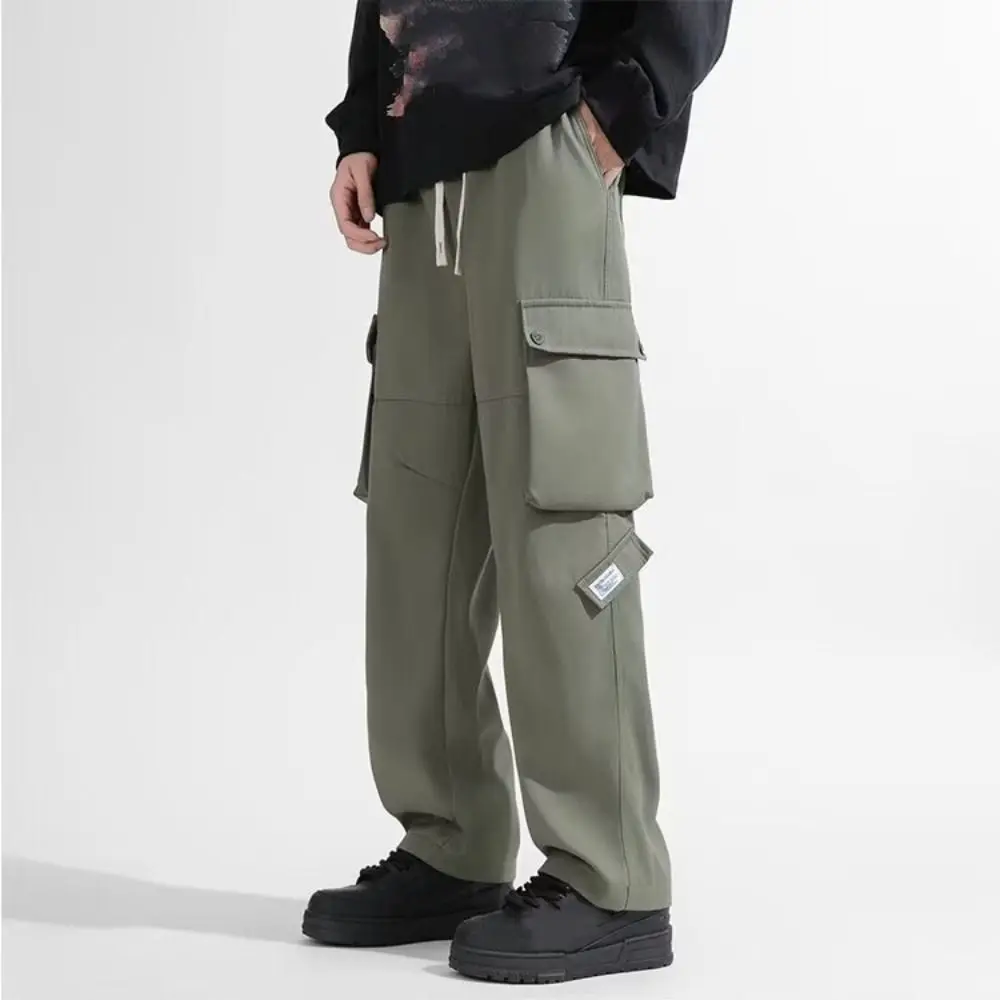 

Однотонные широкие спортивные штаны на шнурке Y2K, мешковатые брюки-карго с множеством карманов, мужские брюки-карго большого размера с высокой талией, спортивные брюки