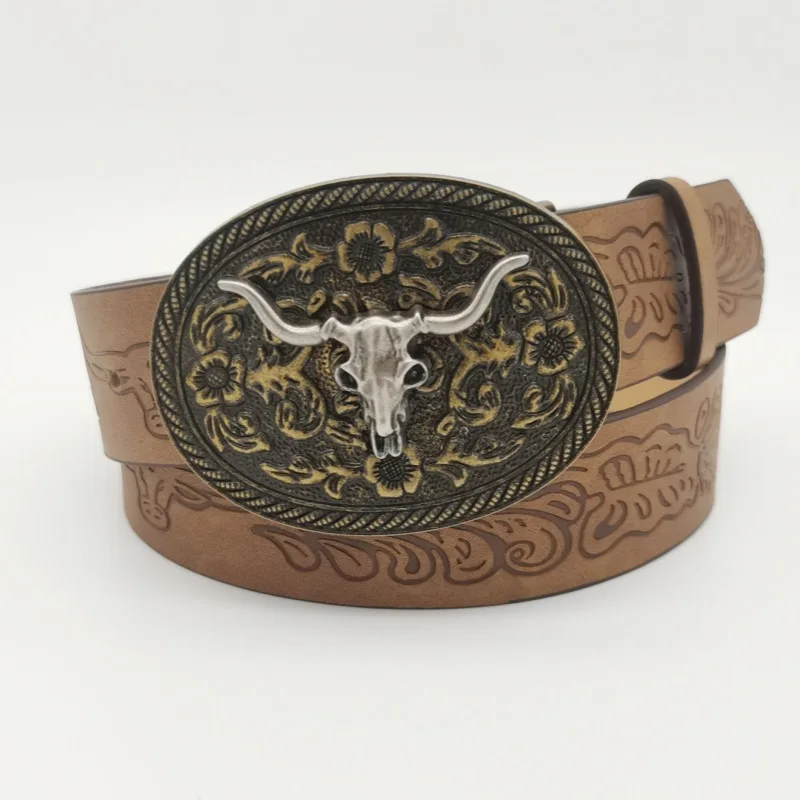 

Amazon Europe and the United States cross-border western denim belt large buckle trend retro young men punk PU belt