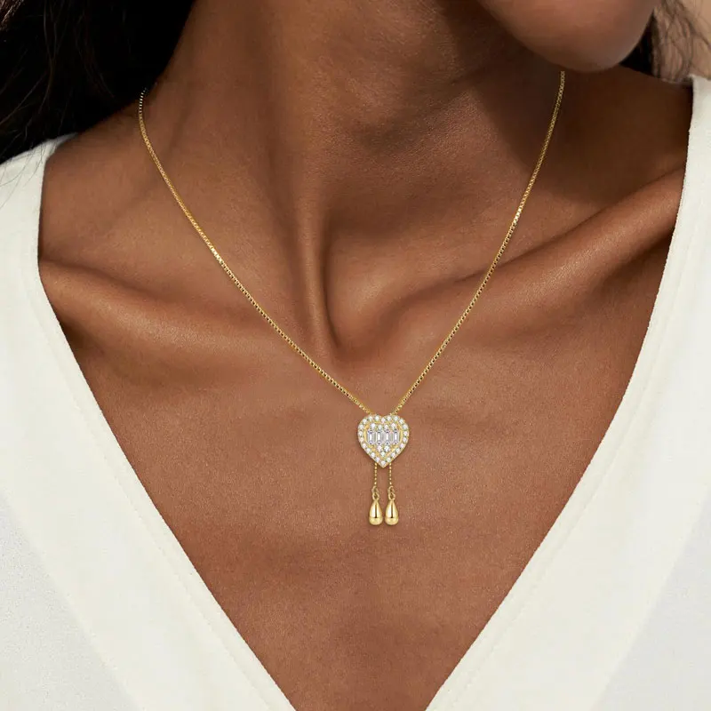 Moissanite Heart-Shaped Pendant Adjustable Tassel Necklace For Women 925 Silver 2026 Emerald Round Cut Lab Diamond Jewelry Gift