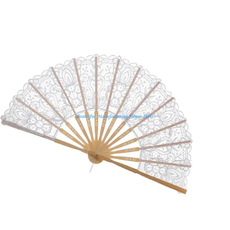 E56A مروحة دانتيل ملحقات حفل الزفاف عروض الرقص الأساسية المجوفة التطريز المحمولة مروحة لاستحمام الزفاف
