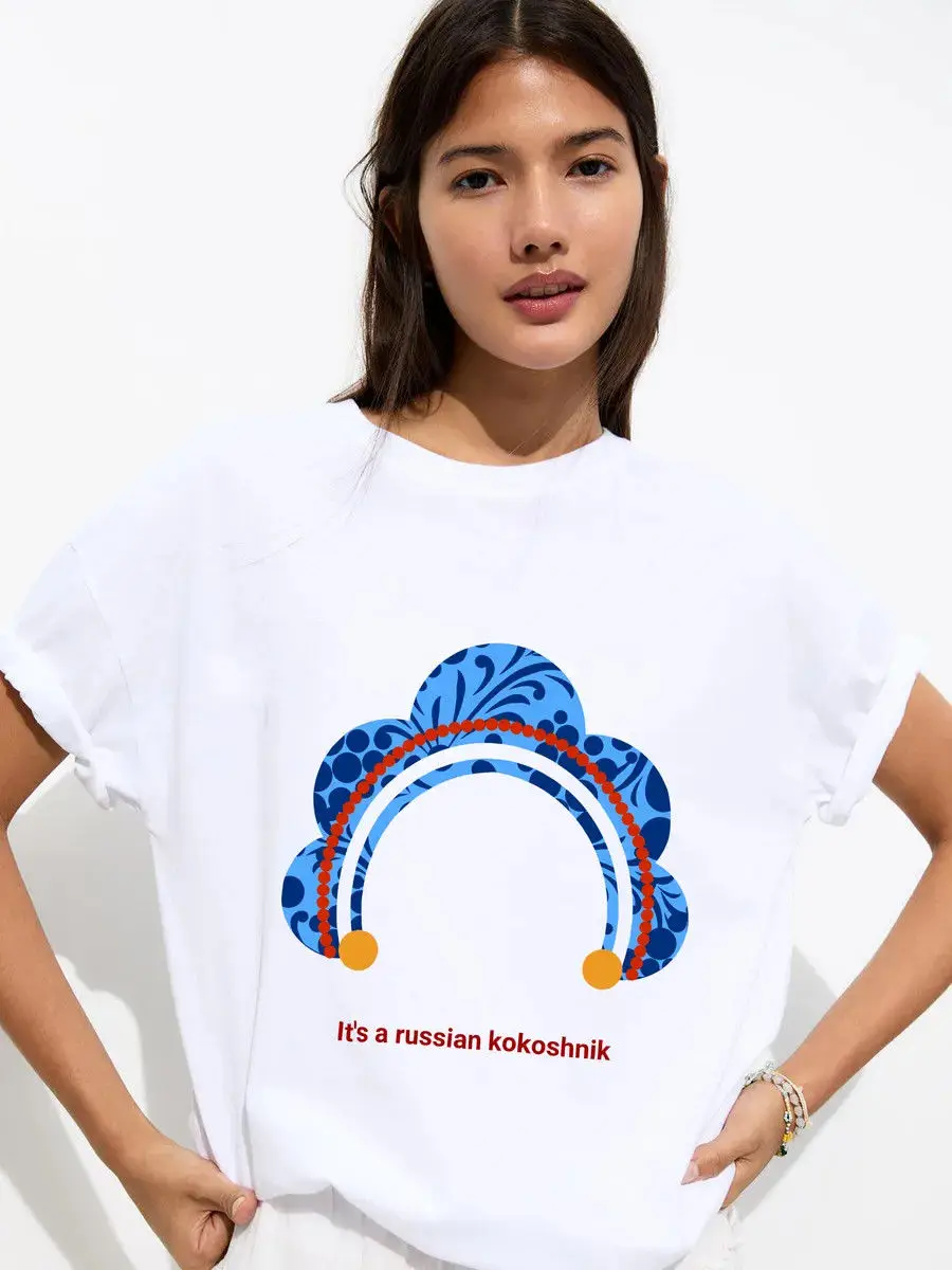 الروسية Kokoshnik تاج الطباعة تي شيرت تصميم الأزياء أنيقة المرأة الجرافيك المحملة 100% القطن الخالص حجم كبير فضفاض بلايز عادية