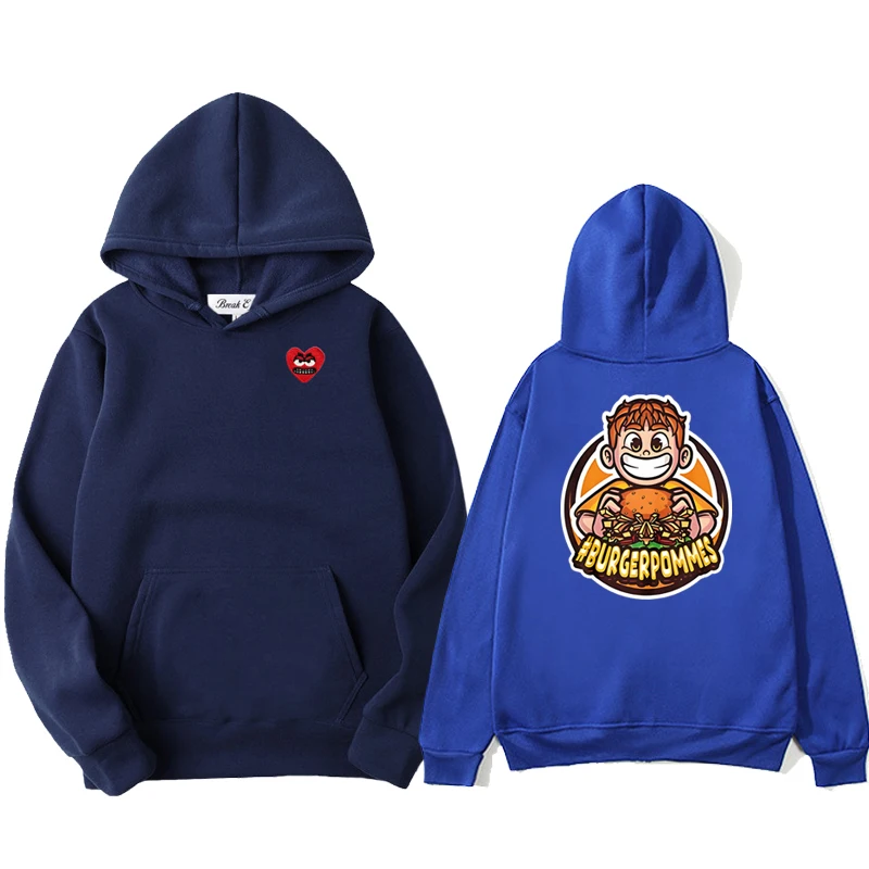 

Burgerpommes 4 Icrimax Graphic Women Men Hoodie Polyester Cute Snag Heart Embroidery Pullover Pockets Thin Loose Autumn Sweater
