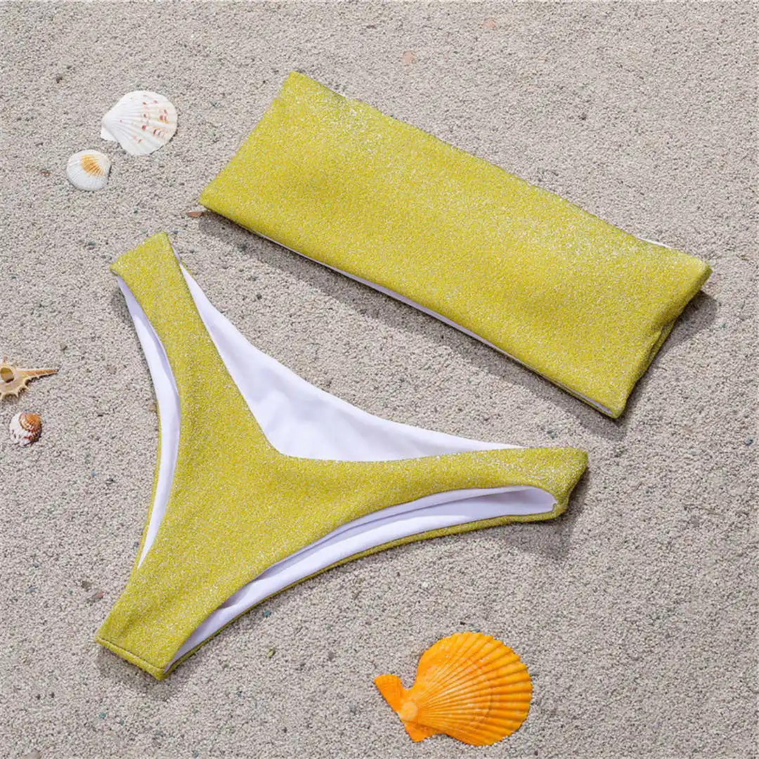 Glitzernder, funkelnder, trägerloser Bikini, Damen-Badeanzug, zweiteiliges Bikini-Set, Bandeau-Badeanzug, Badebekleidung, Badeanzug, Modell V2236. – Detail 19