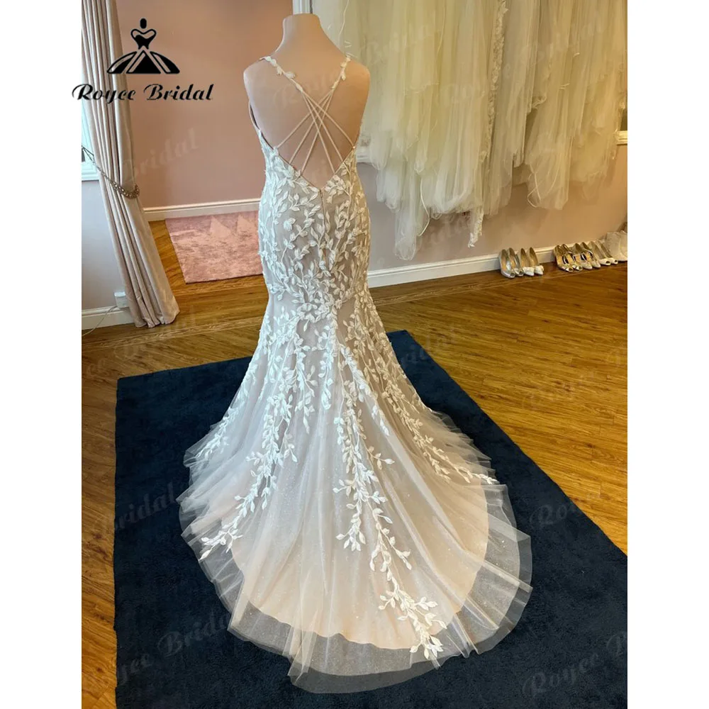 Mermaid Boho Backless Lace Appliques V Neck Spaghetti straps Wedding Dress for Women 2025 Customized Bridal Gown abiti sposa