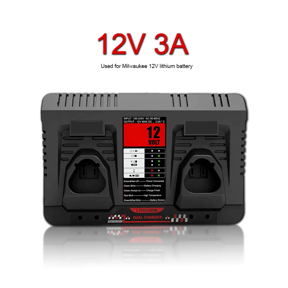 

Milwaukee 12V Xc Li-Ion Battery Compatible Qi-enabled M12 Dual Charger 2A 3A Output Replacement AC Charger UK/AU/EU/US Socket
