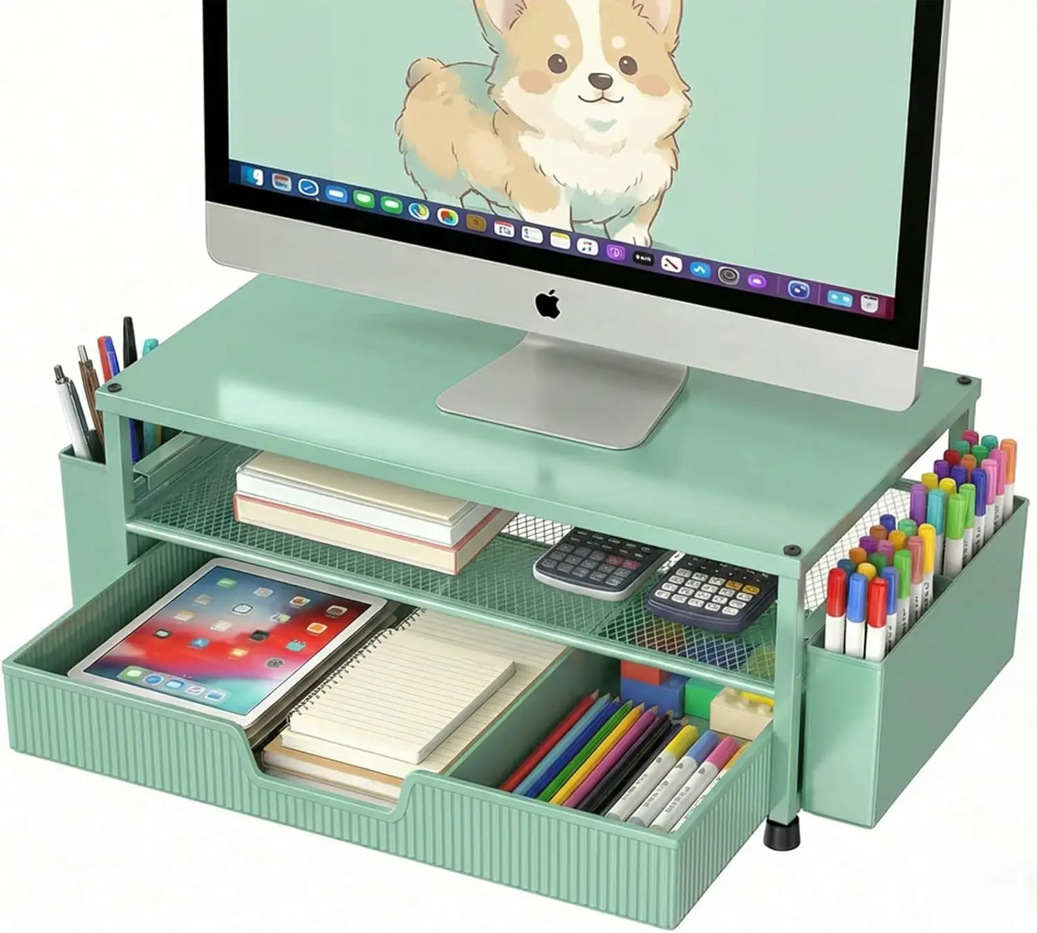 

2-Tier Monitor Stand with Drawer & Pen Holders, Heavy Duty 45lbs, Ergonomic Desk Organizer for Home Office (Green)