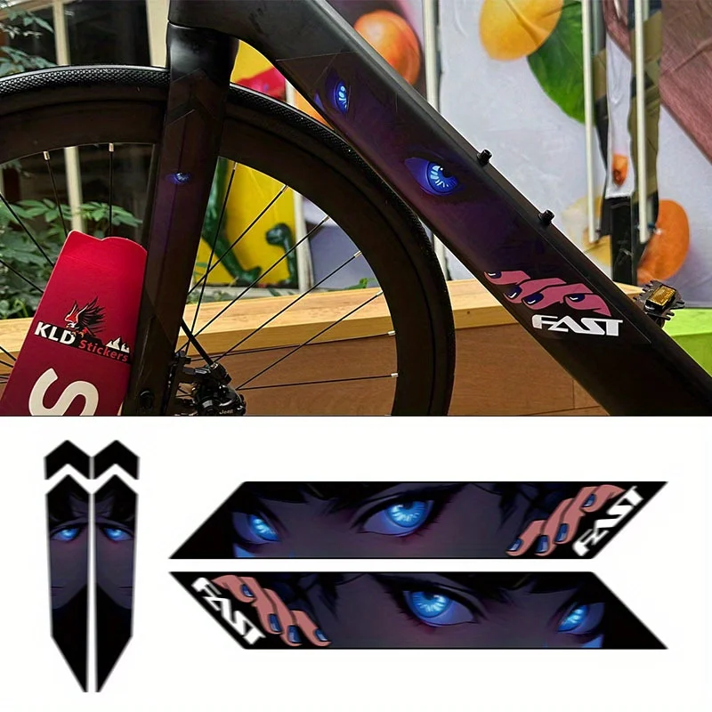 4 coloridos pegatinas de bicicleta KLD Anime Girl: vinilo rojo llama y negro con superficie brillante autoadhesiva |   El regalo perfecto para