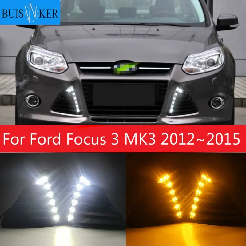 

Для Ford Focus 3 MK3 2012 ~ 2015 дневные ходовые огни для Focus DRL светодиодные противотуманные фары с желтыми функциями поворотного сигнала
