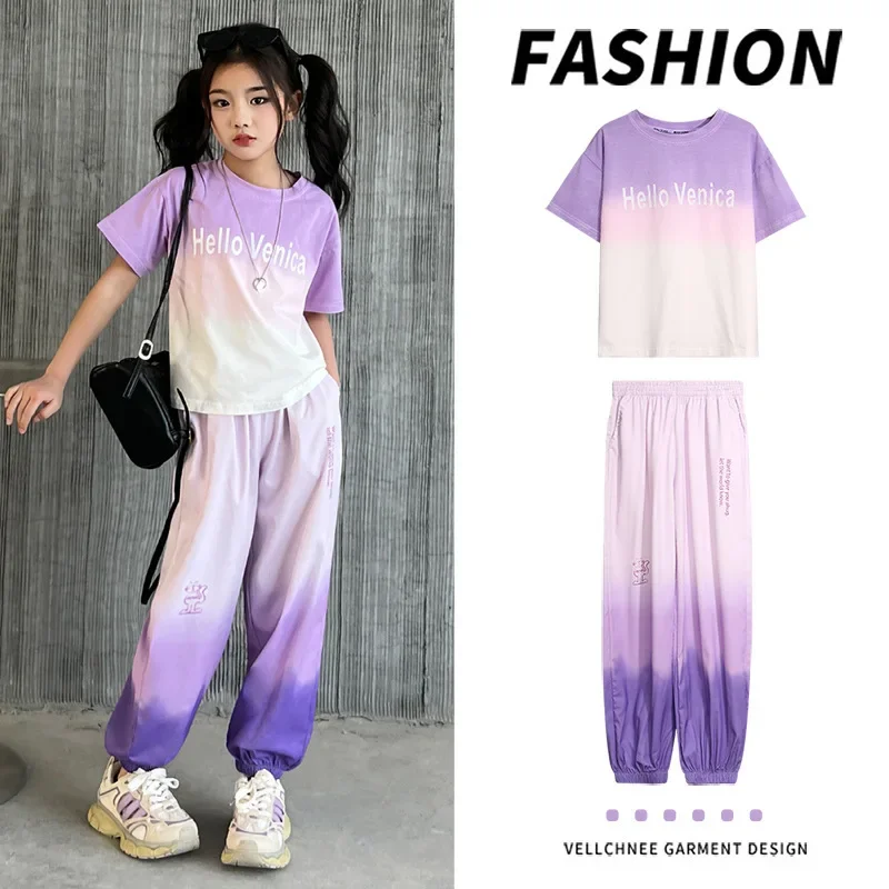 Girls Summer Loose T-shirt Harem Pants Sports Two-piece Set Gradient T-shirt Trousers Korean Style Suit 2-piece Set Loungewear