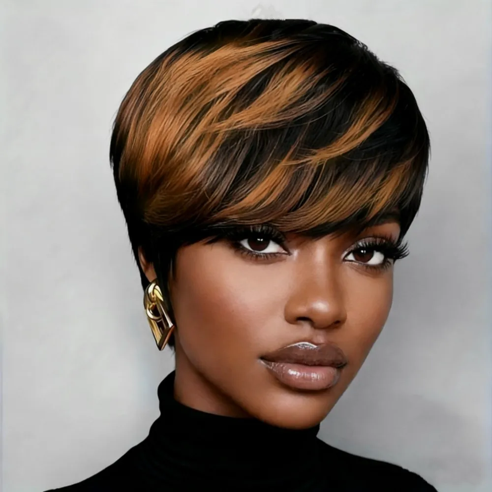 

Парик в стиле пикси, короткий прямой парик пикси, черный цвет 1B30, для женщин, для повседневного использования и вечеринок, парик из натуральных волос, машинная работа, парик из искусственных волос.