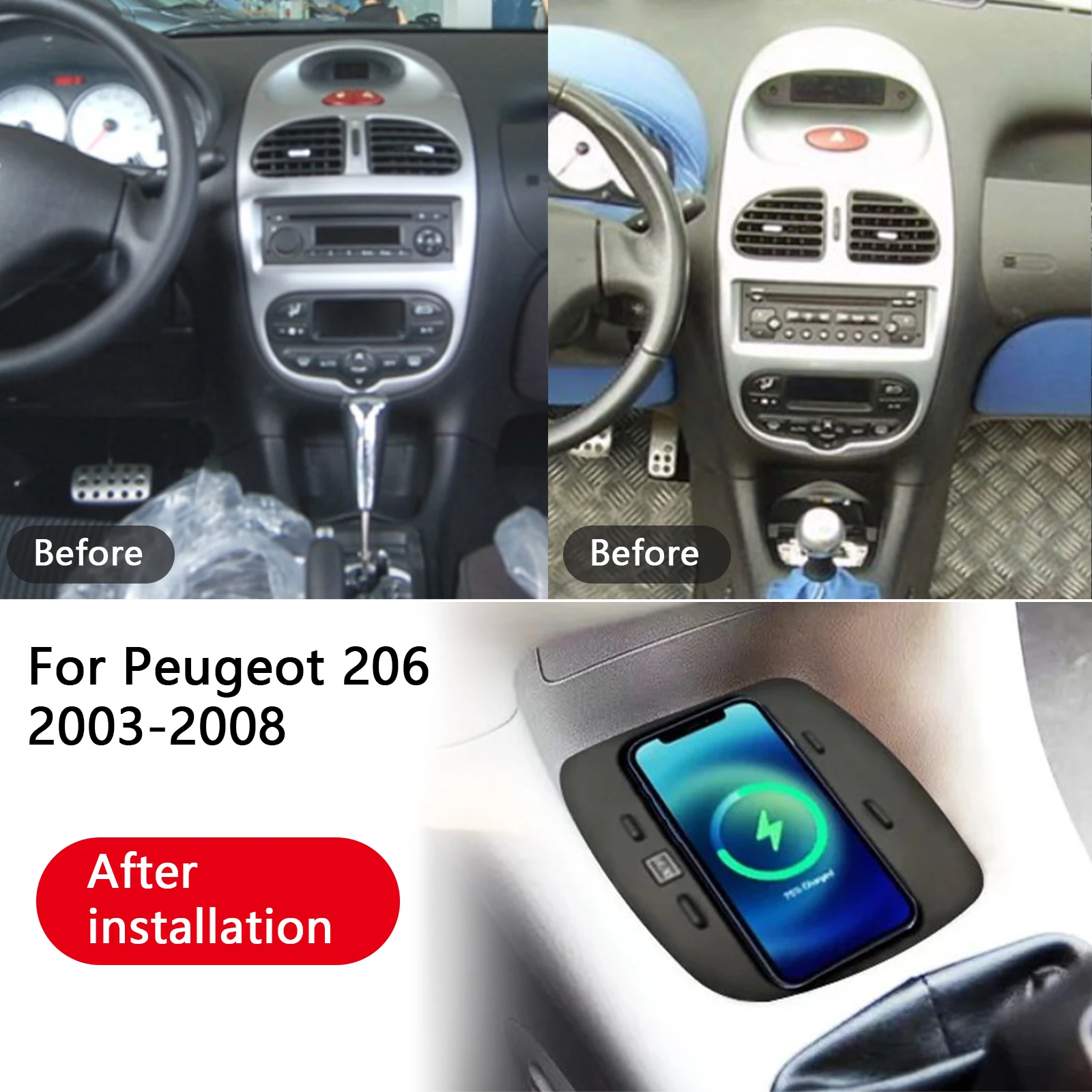 2 DIN para Peugeot 206 2003 2004 2005 2006 2007 2008 consola central de coche cargador de teléfono cargador inalámbrico rápido soporte de placa