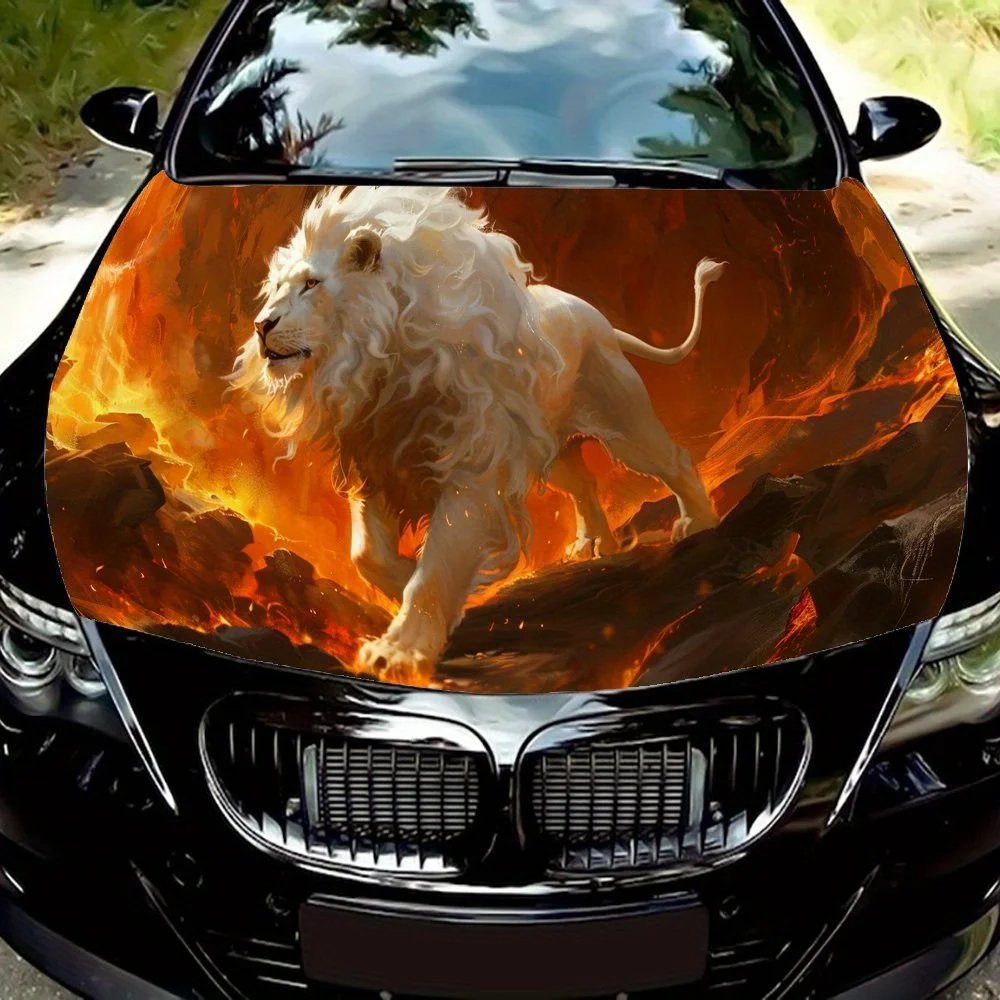 

A White Lion Walking in Magma and Lava Виниловые наклейки на капот автомобиля, наклейка на двигатель автомобиля, водостойкая самоклеящаяся автомобильная упаковка Co