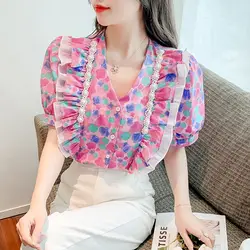 Fashion Pockets Spliced Elegant V-Neck Printed Shirt Female Clothing Chic Pearl Embroidered Flares Summer Single-breasted Blouse