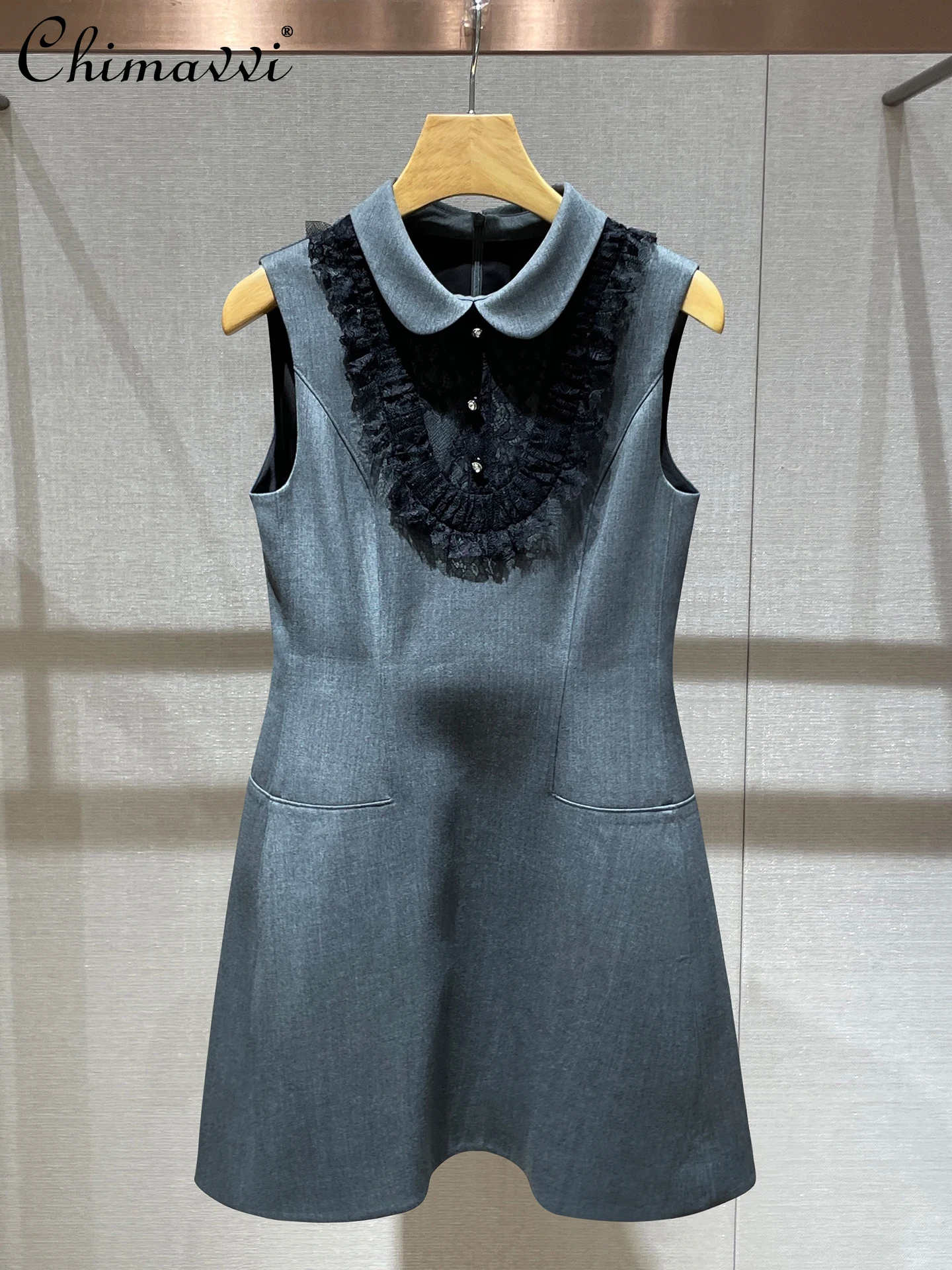 

French Temperament Sweet Socialite Dresses Doll Collar Sleeveless Lace Stitching High Waist Slim Fit A-line Short Dress Women