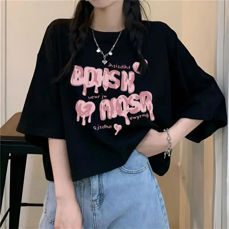 Moda estiva da donna Semplicità Stampa di lettere nere O-Collo T-shirt a maniche corte Abbigliamento donna Casual All-match Top larghi